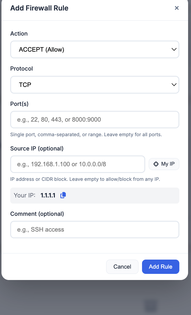 Add firewall rule modal