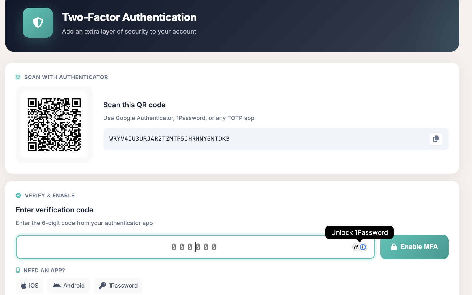 Two-factor authentication setup