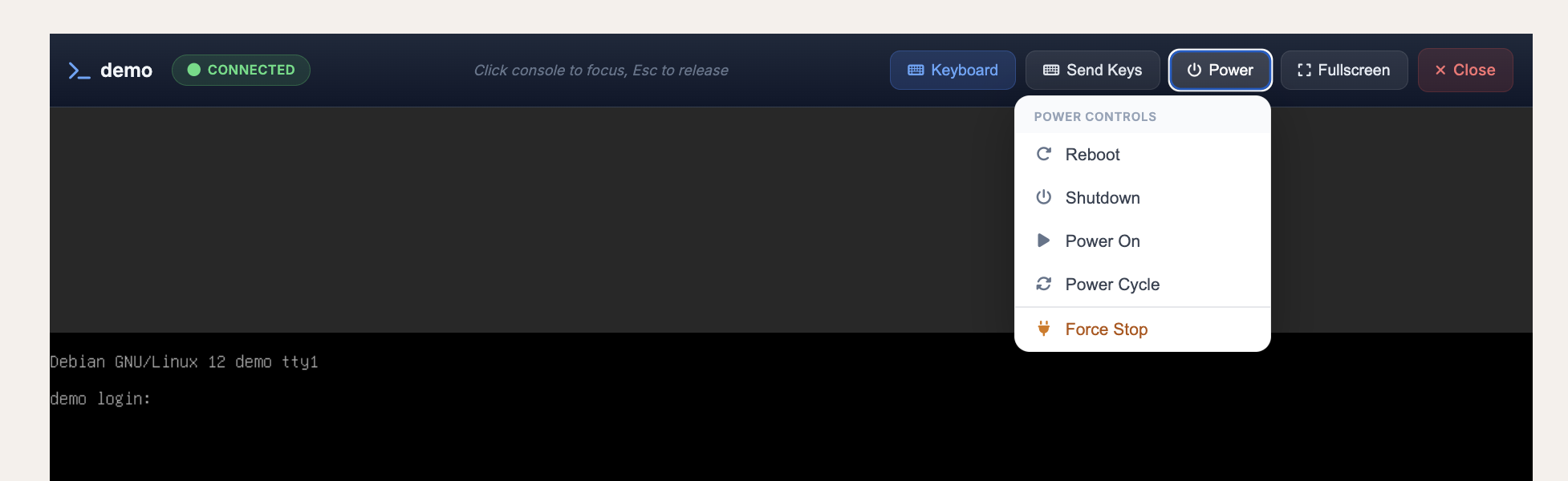 Power controls dropdown